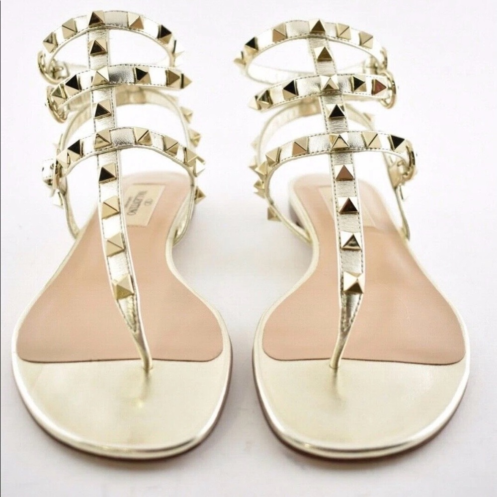 Valentino Rockstud Gold Leather Triple Ankle Strap Gladiator Flat Sandal 36.5